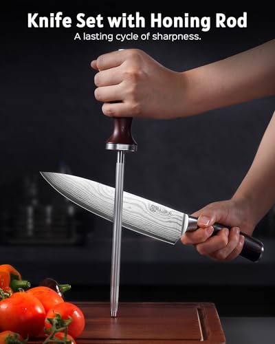 PAUDIN 14 piezas Conjunto de cuchillo de cocina con bloque, conjunto de cuchillo de cocinero afilado de acero inoxidable alemán de alto carbono con mango ergonómico Pakkawood