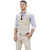 Wehilion Men Suit Vest Linen Beige Beach Wedding Waistcoat Summer Casual Men Groomsmen Dress Vest