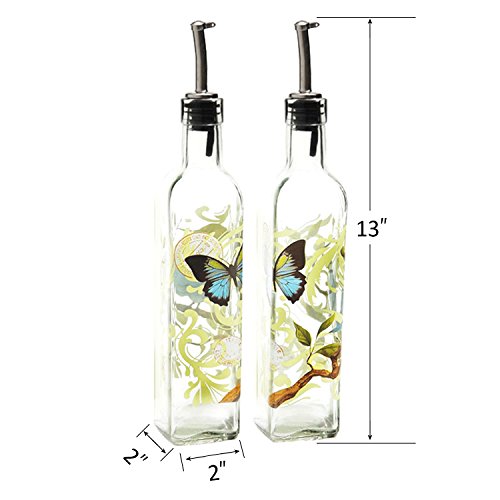 CEDAR HOME Olive Oil Bottle Set Glass Dispenser Vinegar Cruet 17oz. with Stainless Steel Leak Proof Pourer Spout for Cooking or Salad
