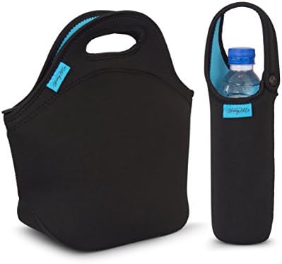 UcarryMe Insulated Neoprene Lunch Bag and Handy Bottle Cooler - Extra Large and Thick- Very Sturdy Zipper - Lightweight - Washable - Best Cool Tote for Work or Picnic - Black/Blue