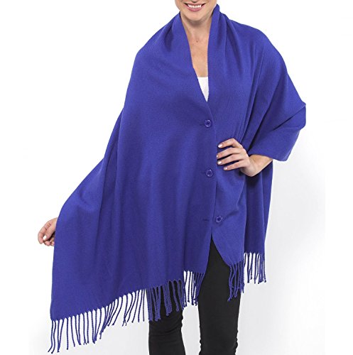 Alpine Swiss Womens Blue Button Up Fringe Cape Long Scarf Soft Wrap...