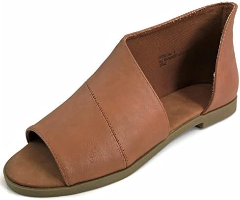 Bamboo Fashion Women's Faux Leather Asymmetrical Sandal Open Toe Half D'Orsay Flats Heel, Tan, 9