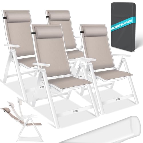 KESSER® Gartenstuhl Hochlehner mit Armlehnen 4er Set Aluminium Klappstuhl mit Kopfkissen & Abdeckung Campingstuhl 7-Fach Verstellbar Rückenlehne Atmun