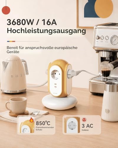 Steckdosenleiste mit 3 Steckdosen & 2 USB-C (30W Schnellladung), 3680W/16A, 1420J Überspannungsschutz, 479g Standfuß, 2 m Verlängerungskabel, Überlastschutz, kompatibel mit Typ C/E/F