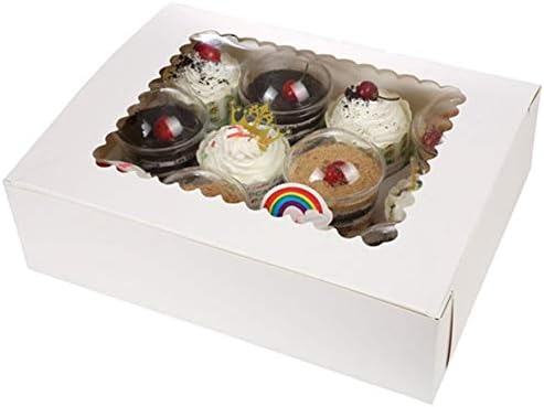 Pro-Quality Bakery Boxes for Cupcakes with Display Window and Cupcake Inserts 12 Pack. Each Recyclable, Bright White Box Displays 1 Dozen Cup Cakes (case of 12)