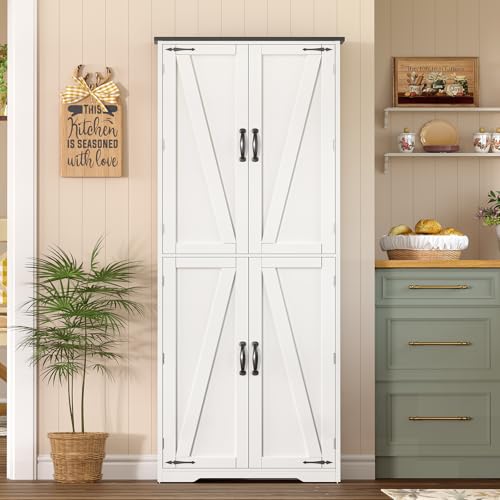 TEENFON 67" Kitchen Pantry Cabinet with 4 Doors, Farmhouse Pantry Cabinet with Adjustable Shelves, Storage Cabinet for Kitchen, Bathroom, White