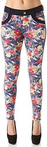 URBANCLEO Womens Two-Tone Floral Denim Jeggings Leggings Pants - Various Prints