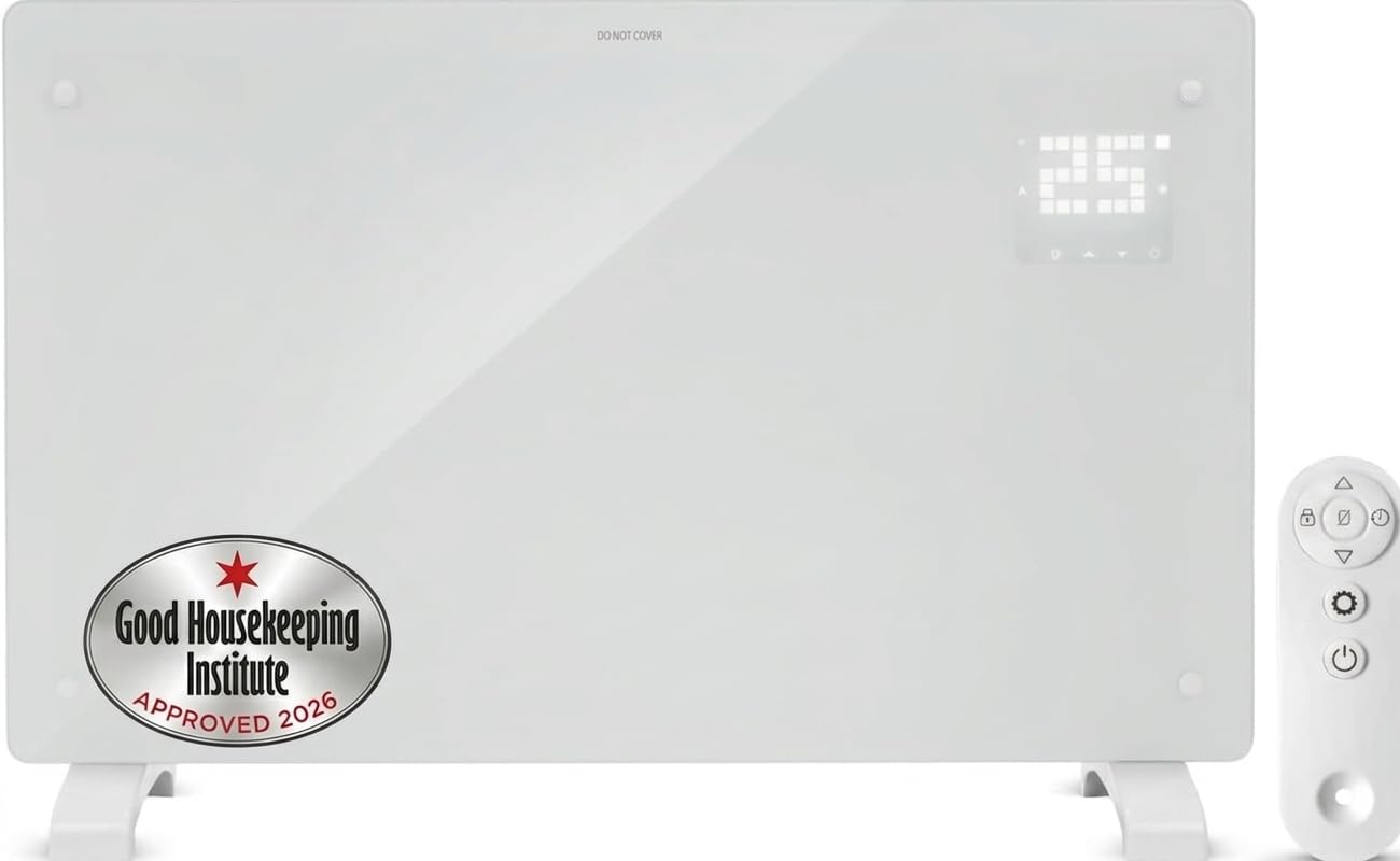 Devola Wifi Enabled Smart Electric Glass Panel Heater 1500W | Alexa Heating Control, Open Window Detection, Wall Mounted & Free Standing Low Energy Heaters with Timer | Lot 20, DVPW1500WH (White)