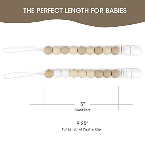 MCGMITT Pacifier Clip, Silicone Binky Teether Holder BPA Free Teething Beads for Baby Girls Boys, 2 Pack Shower Gift Set (Beige)