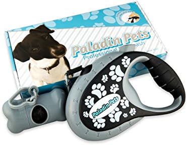 Dog Retractable Leash Black White Pet Paw Prints Free Waste Bags One Button Break and Lock 16ft for Small Medium Dogs up to 44lbs Waste Bag Holder Bone Rubber Grip Nylon Leash Set in Box Paladin Pets