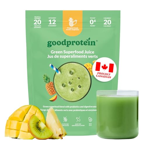 Good Protein Greens Superfood Powder Juice - 100% Natural Digestive Enzyme Greens Powder | Vegan Non-GMO Gluten Free Vitamins Green Powder - Organic Alfalfa Wheat Barley Grass Spirulina Powder | 225g Tropical Fruit