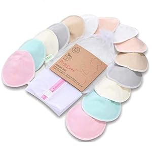 Organic Bamboo Nursing Breast Pads – 14 Washable Pads + Wash Bag – Breastfeeding Nipple Pads for Maternity – Reusable…