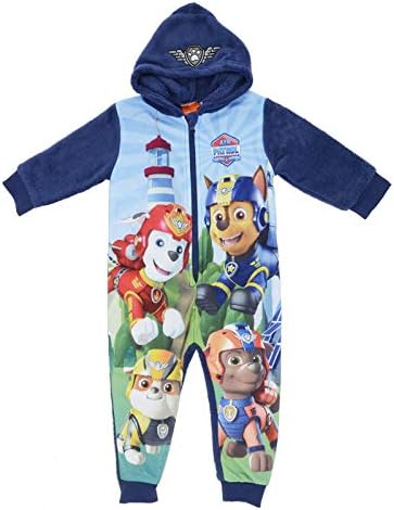 PAW Patrol Childs All in One Hooded Sleepwear Suit Soft Blue Fleece Character Print Kids Long Sleeve PJs Pyjamas
