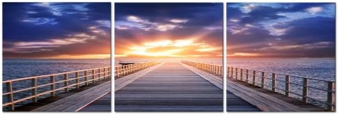SUNRISE/PIER/SEASCAPE Ready to Hang framed3 piece Wall Art Print/Mounted on Fiberboard/Better than stretched Canvas/Size 12x12x0.4 inch X3Panels