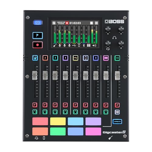 BOSS Gigcaster 8 | Audio Streaming Mixer a 8 Canali con Ingresso Diretto per Chitarra/Basso | 4 Ingressi Combo XLR/TRS | Microfono Stereo Incorporato | 8 Pad per gli Effetti Sonori
