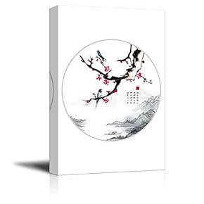 Canvas Wall Art - Traditional Chinese Style Black and White Painting with Cherry Blossom and Mountains in Spring - Giclee Print Gallery Wrap Modern Home Art Ready to Hang - 12x18 inches