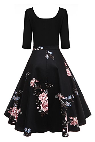 MisShow-Damen-Elegant-Audrey-Hepburn-Kleid-Langarm-A-Linie-mit-Blumendruck-U-Ausschnitt-Partykleider-Cocktailkleid-Printkleid-Knielang-GrS-2XL