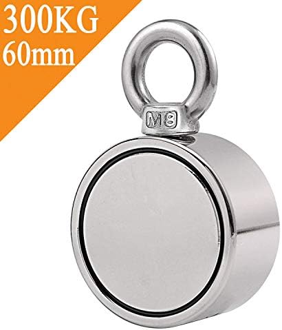 Uolor Double Side Combined 300KG Pulling Force Round Neodymium Magnet, Super Strong Fishing Magnet with Eyebolt for Magnet Fishing and Salvage in River - 60mm Diameter