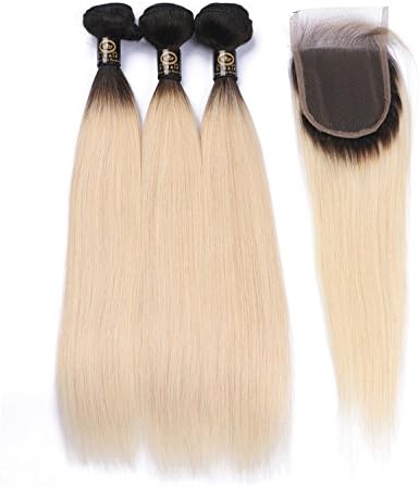 Straight Virgin Hair Bundles With Closure Dark Roots Ombre Blonde 1B/613 Human Hair 3Bundles With Closure 4x4(14 14 14+10"closure)