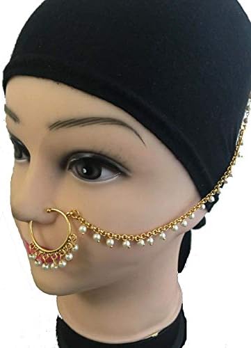 New Golden Pearl Beaded Indian Bollywood Bridal Nose Ring Non Piercing