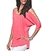 iGENJUN Women's Casual Loose Hollowed Out Shoulder Three Quarter Sleeve Shirts,Pink,XL