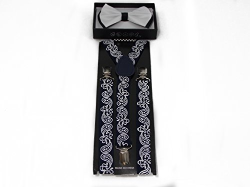 White with Black Accent Bow Tie and Navy Blue Pasily Suspender