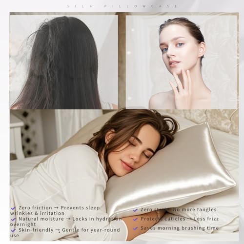 100% Double-Sided Silk Pillowcase, 22 Momme, 6A, Washable, Hidden Zipper, Prevents Hair Frizz, Antibacterial and Anti-Static, Suitable for Sensitive Skin (White, 1PC 51x66cm（20" × 26"）)