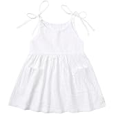 RUKOSU Toddler Baby Girl Summer Cotton Linen White Dresses Bow Straps Sleeveless with Pockets Casual Sundress