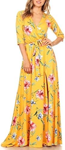WeLoving Women's Floral Print Maxi Dress - 3/4 Sleeves V-neck Long Dress Sexy Slit Beach Dress with Belt Cyber Monday Deals