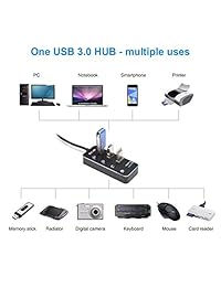 USB 3.0 Hub MECO [cable de 40 pulgadas] + USB 3.0 de 4 puertos + [interruptores de alimentación individuales y LED] + carcasa de aluminio