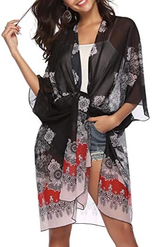 LouKeith Womens Kimono Beach Wear Cover Up Swimwear Cardigan Chiffon Floral Print Bikini Swimsuit Coverup