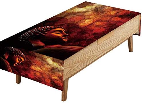 PINAFORE Waterproof SpillProof Tablecloth Bronze Zen Buddha Statue Meditating Blurred Textured Red Hotel Parties Out Dinners W50 x L80 INCH