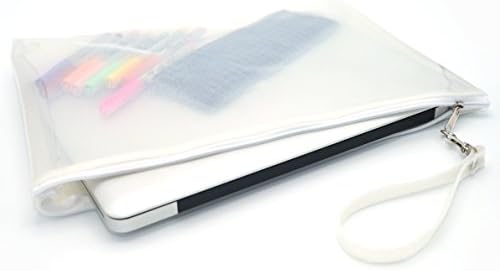 PVC Clear Transparent Zipper Envelope Clutch Purses Bag With Wrist Strap For Men, Women, Ladies Handbags ,Document File Holder, Ipad Notebook Case Size 27 cm x 37 cm. (White)