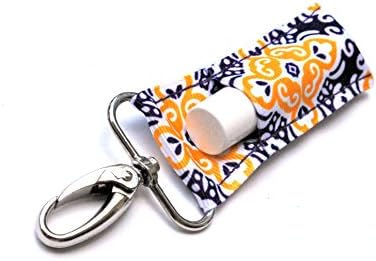Lip Balm Holder, Chapstick Holder Keychain Clip, Purple and Yellow Damask