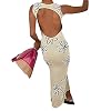 jsadfojas Y2K Vrouwen Sexy Gebreide Jurk Hol Halter Neck Mouwloos Midi Jurk Bodycon Zomer Strand Club Streetwear
