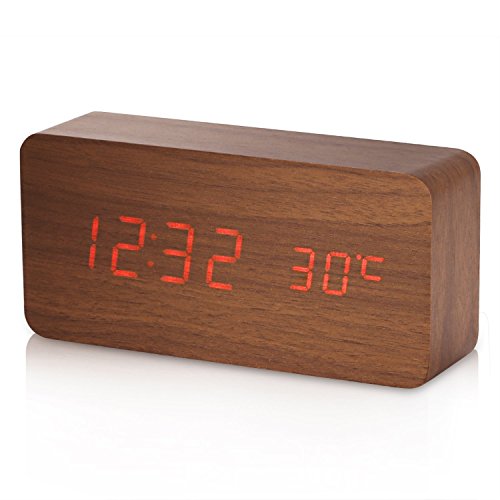KABB Digital Clock, Wooden Alarm Clock, LED Desk Shelf Clock with Triple Alarms Calender Temperature Display and Voice Control Travel Clock for Office Home Decor (6 Inches) - Thumbnail 7
