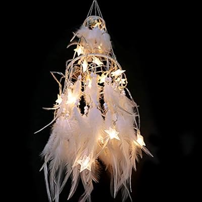Dremisland Double Circle White Feather Dream Catcher with Mobile LED Fairy Lights Wall Hanging Ornaments Ceiling Decor for Bedroom Decor Wedding Decorations Boho Chic Party Nursery Decor