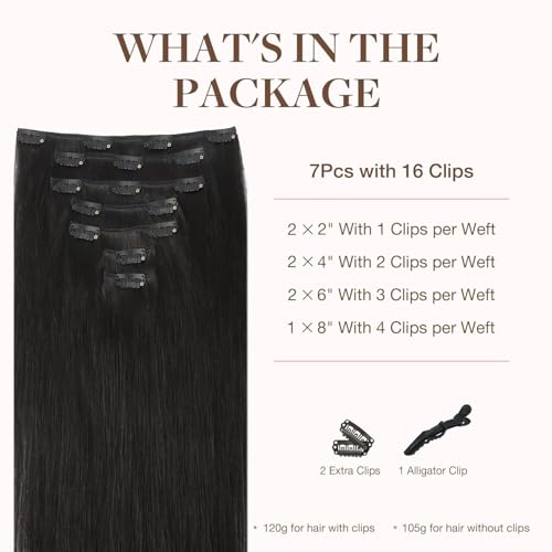 GOO GOO Adhesive Hair Extensions Natural Hair, 40 cm 120 g 7pcs, 1B Natural Black Real Human Hair Extensions