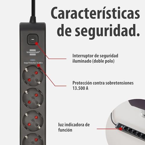 Brennenstuhl 6-Outlet Power Strip with USB and Surge Protection (Power Strip with 1x USB C PD 20W for Fast Charging and 1x USB A 20W, Switch, 2m Cord) Black