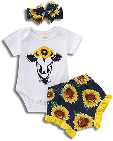 3Pcs Newborn Infant Baby Girl Summer Outfits Sunflower Cow Romper Bodysuit Floral Shorts Headband Clothes Set