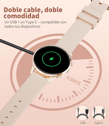 Reloj Inteligente Mujer, 1.32" AMOLED Smart Watch con Llamadas Bluetooth, 120+ Deportes Smartwatch Mujer con 2 Correas, IP68 Waterproof, Sueño, Actividad Calorías Podómetro Android iOS (Oro rosa)