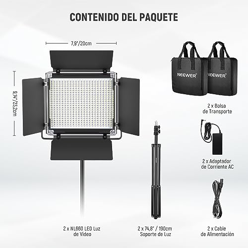 NEEWER 2 Pack BiColor 660 LED Video Luz y Soporte Kit: 3200-5600K CRI 96+ Dimmable Con U Bracket y Barndoor, (2) 75 Inches Soporte Para Fotografía de Estudio, Grabación de Vídeo (Negro)