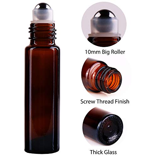 24, 10ml Amber THICK Glass Roller Bottles Big Steel Roll Ball for Aromatherapy Essential Oils (24 Labels, 3 Droppers, 1 Funnel, 1 Extra Roller Balls, 1 Bottle Opener)