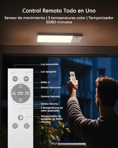 Lampara de Techo Recargable 12000mAh, 2 Pack Luz LED Inalámbrica con Sensor de Movimiento y Control Remoto, 3 Colores y Regulable, Luces para Cocina, Clóset, Baño, Pasillo, Recámara
