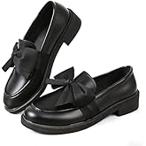 BANGTEUO Patent Leather Bow Loafers for Women Comfort Round Toe Slip On Anti Slip Low Chunky Heel Penny Loafers for Work Daily Casual Dressy