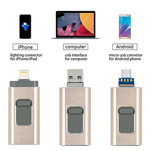 USB Flash Drive for iPhone 256GB Photo Stick USB/Micro USB/Lightning Memory Stick External Storage [3in1] Thumb Drive Compatible with iPhone/iPad/iOS/Android/Mac/PC (256GB, Gold)