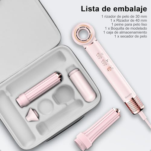 Secador de Pelo Profesional 5 en 1 - Boquillas + Cepillo + Rizador de Pelo, iónico Negativos Secador Kit 1600W Poco Ruido, Temperatura Ajustable y Velocidades para Rizar, Voluminizar y Alisar, Rosa
