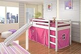Twin Tent Loft with Slide and Slat-Kits in White with Pink Tent