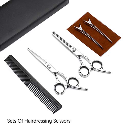Hair Cutting Scissors Kit, Liaboe Professional 6Pcs Hairdressing Shears Set, with Hair Cutting Scissors, Thinning Shears, Hair Comb, Clips, Cleaning Cloth, Leather Bag, for Home/Salon (Sliver)
