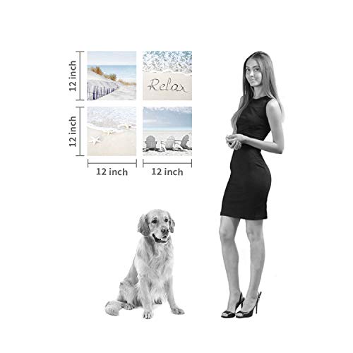 Coastal Artwork Beach Wall Art: Starfish & Chairs on Sand Painting with Word Picture on Canvas for Living Room (12” x 12…